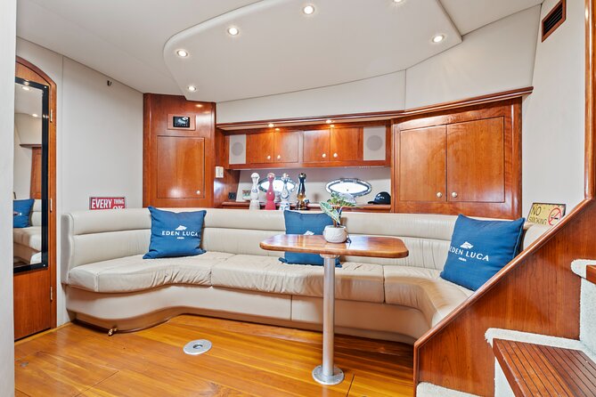 Luxury Private Yacht Charter Aruba - Eden Luca Yachts - Onboard comfort: A/C, WiFi, a toilet inside, and your own soundtrack